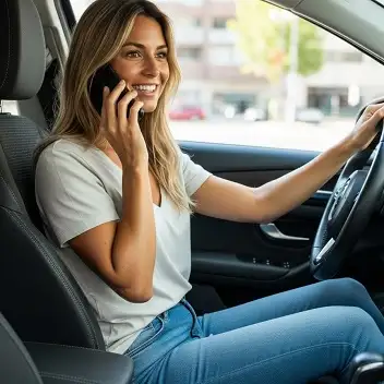 Mujer sentada en un auto hablando por telefono con Grúas CABA